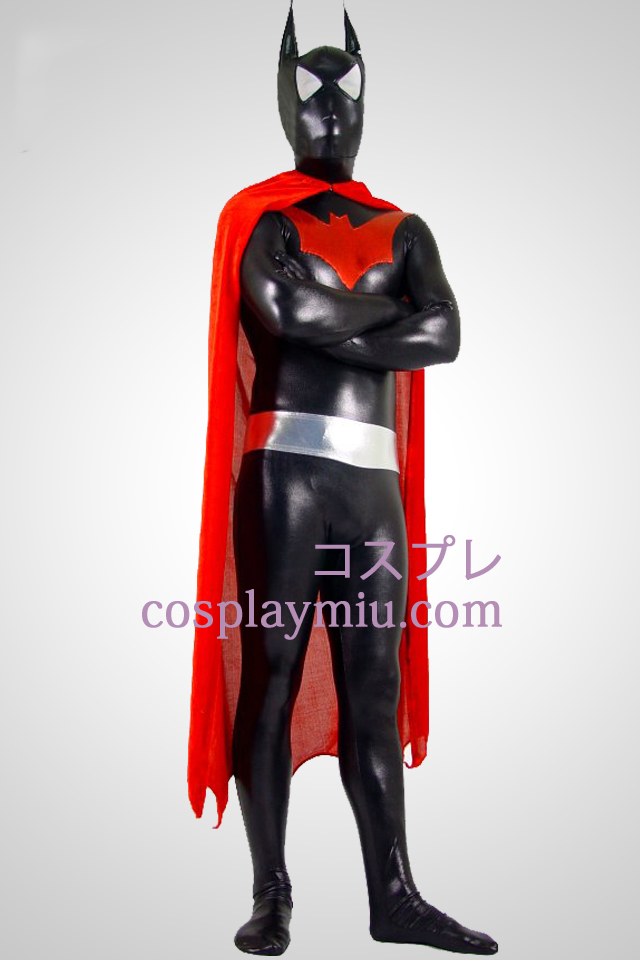 Glanzend metallic Zentai Batman Kostuums Met Rode Kaap