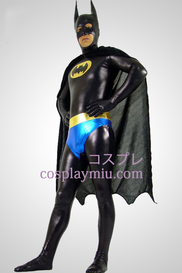 Shiny Metallic Black Batman Zentai Kostuums Met Zwarte Kaap