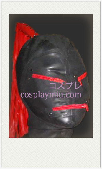 Zwarte Latex Masker met rode pruik, ritssluiting ogen en mond