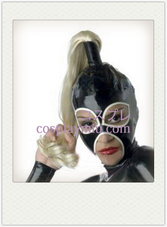 Zwarte Vrouwelijke Latex masker met pruik, open ogen en mond