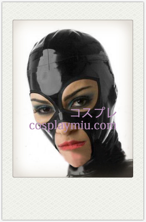 Shiny Black Vrouw Latex Masker met open ogen en mond