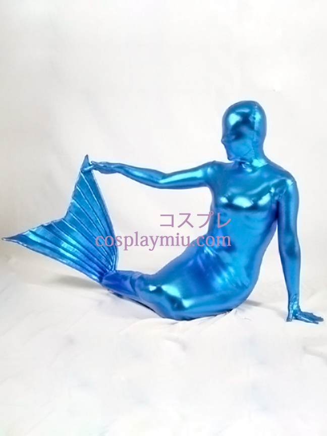 Blauw Glanzend metallic Mermaid Zentai Kostuums