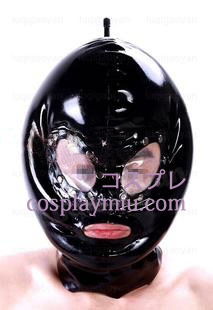 Shiny Black twee lagen latex masker met transparante Ogen en Open Mond