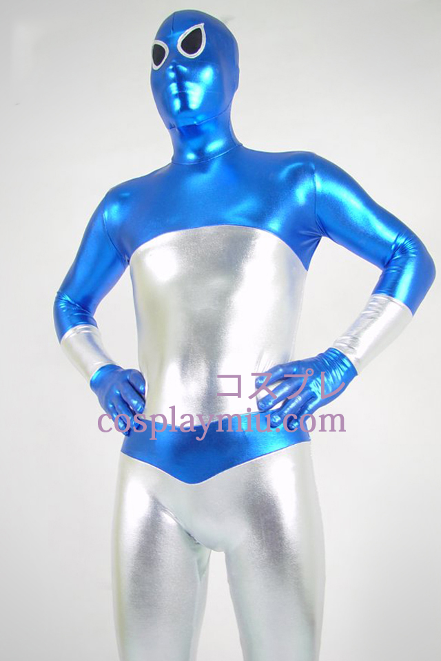 Blauw En Zilver Glanzend metallic Zentai Kostuums