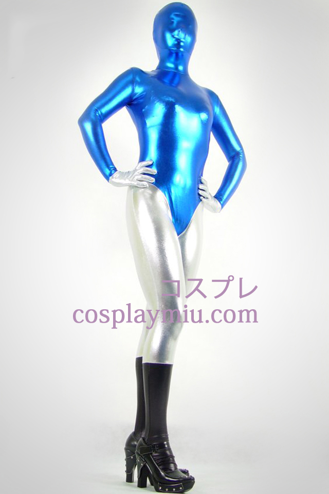 Blauw En Zilver Glanzend metallic Zentai Kostuums