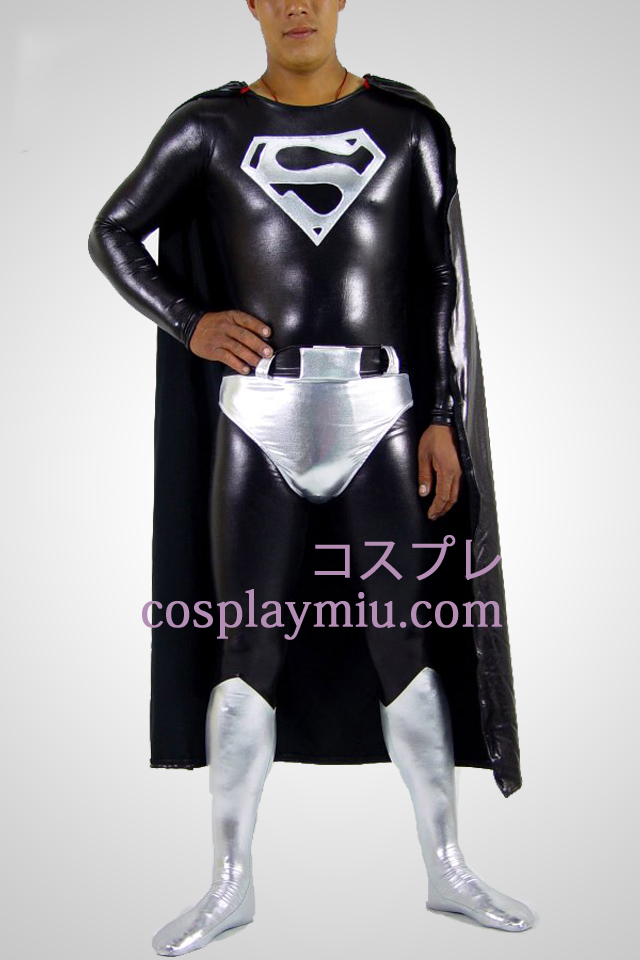 Zwart en zilver Superman Glanzend metallic Zentai Superhero
